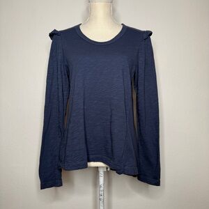 Wilt Asymmetrical 100% Cotton Long Sleeve Top Ruffle Shoulder Navy Size S